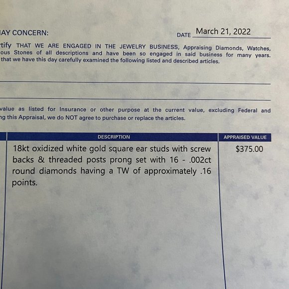 18K Oxidized White Gold Square Ear Studs w/ Screw Backs - Picture 6 of 7